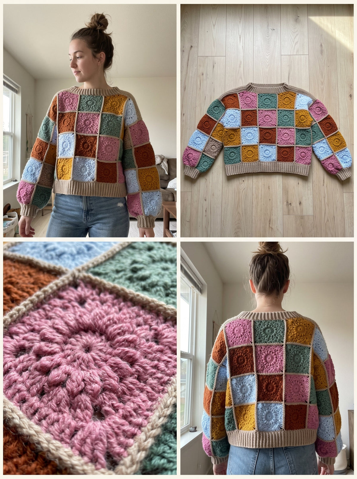 Patchwork Sweater Crochet Pattern — Sunburst Granny Square Oversized Jumper