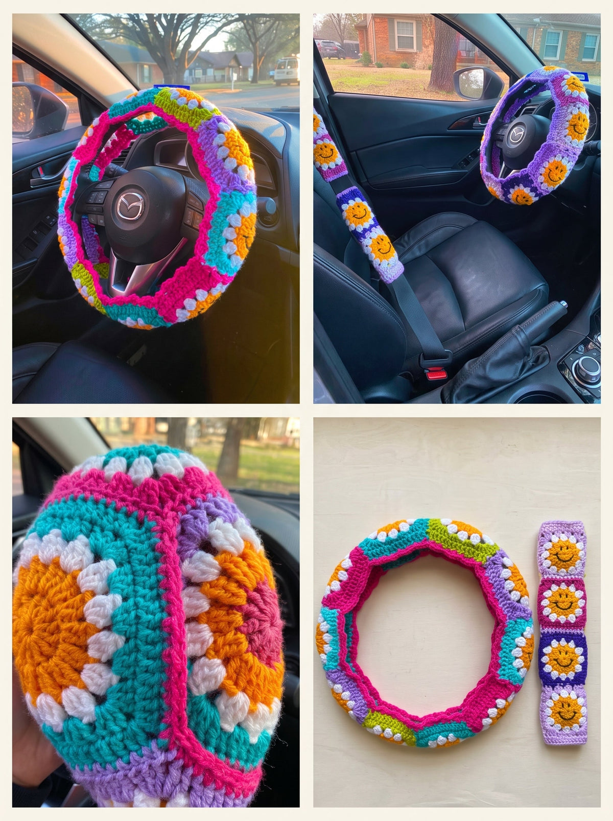 Smiley Daisy Steering Wheel Cover & Seat Belt Cover Crochet Pattern