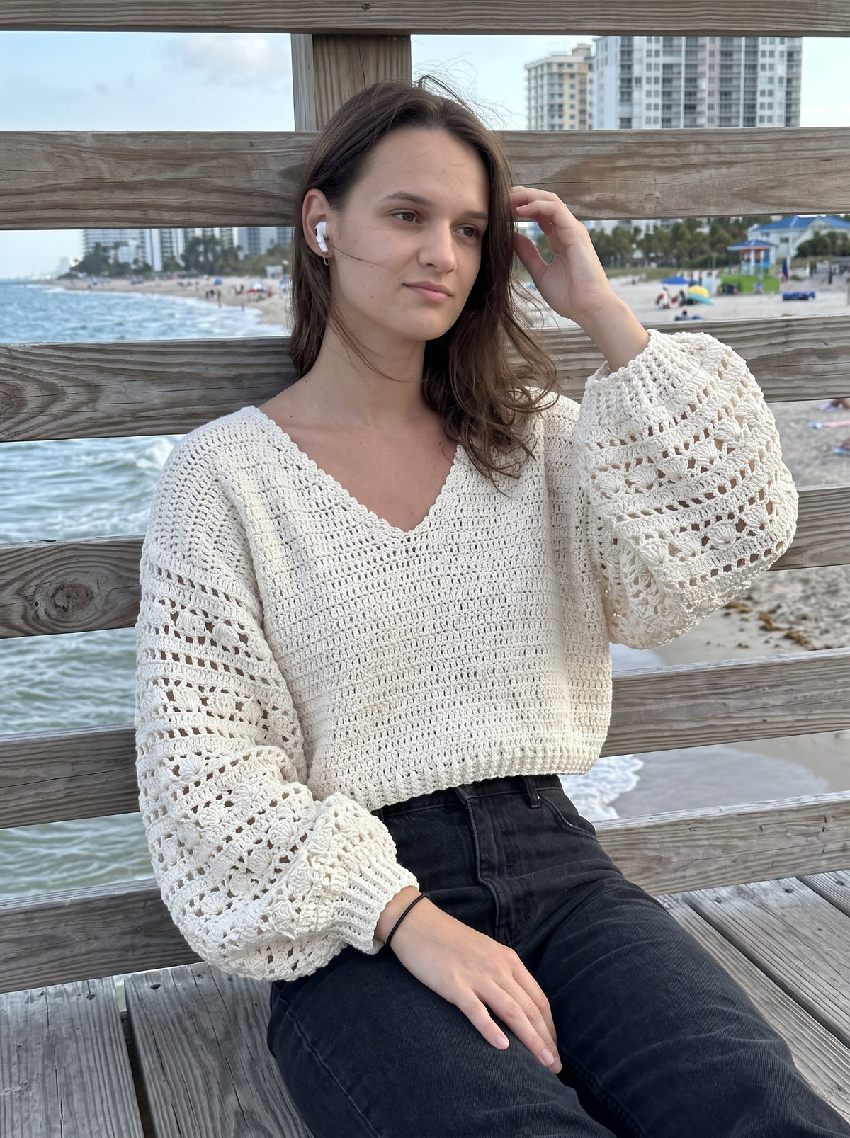 White Lace Sweater Crochet Pattern — Balloon Sleeve Puff Stitch Jumper, XS to XL