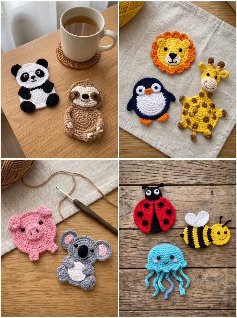 20-in-1 Animal Coaster Crochet Pattern Collection — Squirrel, Turtle, Frog, Duck, Fox, Dog & More (PDF)
