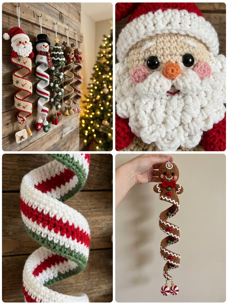 5-in-1 Christmas Spiral Hanging Decor Crochet Pattern — Santa, Snowman, Tree, Reindeer & Gingerbread