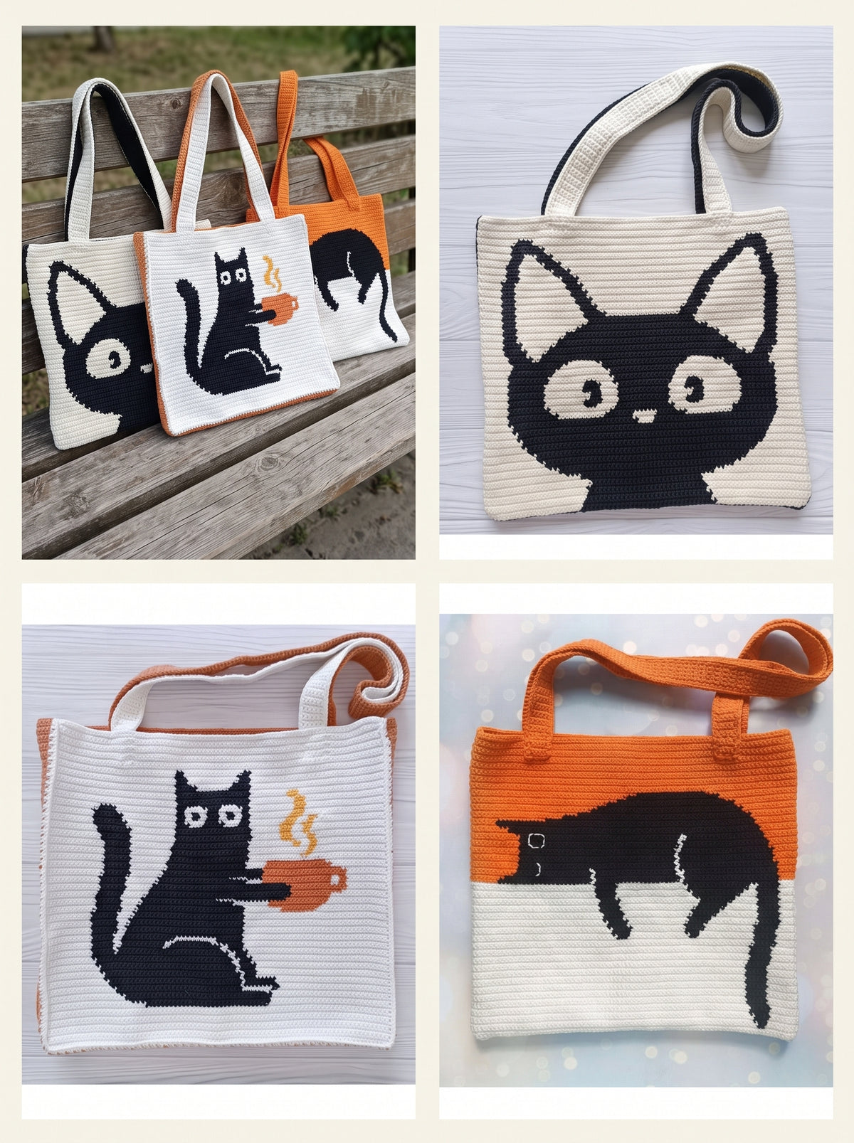 Black Cat Bag Collection Crochet Pattern — 3 Colourwork Tote Bags