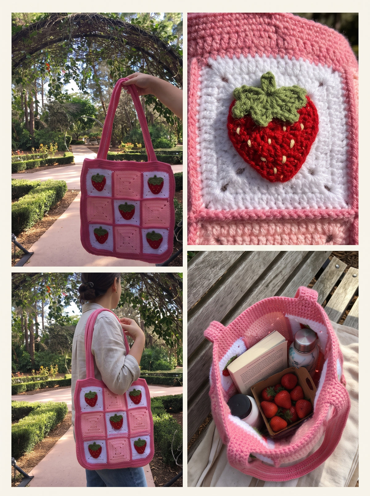 Strawberry Tote Bag & Drawstring Pouch Crochet Pattern — 2-in-1 Granny Square Set
