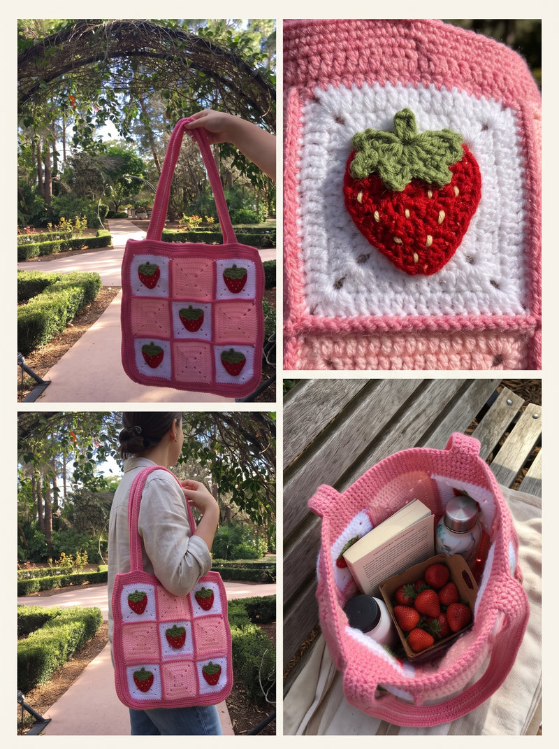 Strawberry Tote Bag & Drawstring Pouch Crochet Pattern — 2-in-1 Granny Square Set